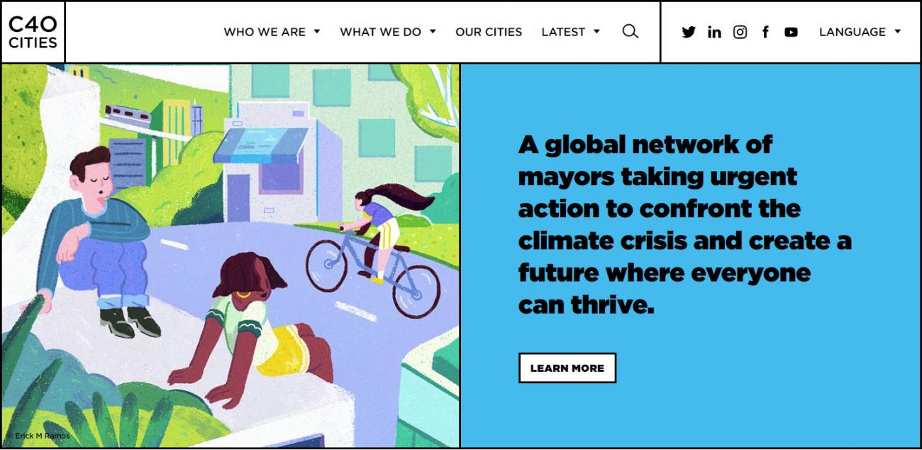 half of the picture is a drawing of people out enjoying a city space, and the right hand states "a global network of mayors taking urgent action to confront the climate crisis and create a future where everyone can thrive"