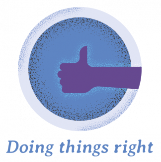 a blue background that has a purple arm coming from the right into the middle with its thumb up.